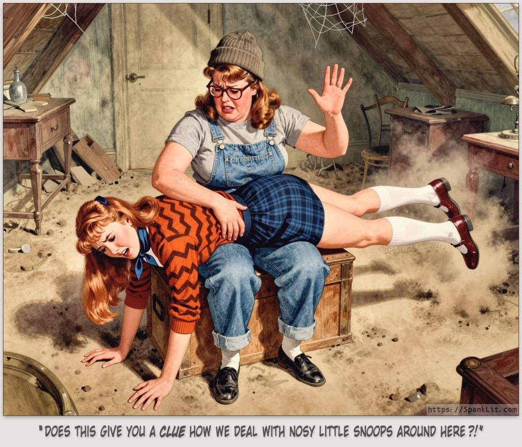 A beautiful young woman is being spanked by a stern lady.