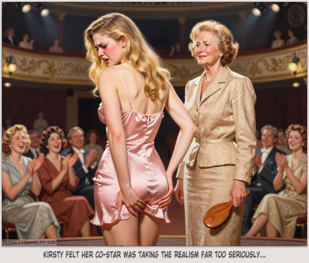 Scene in a crowded theatre. A beautiful young woman in a pink silk slip dress is rubbing her bottom and looking uncomfortable. An older woman stands beside her, holding a wooden hairbrush, and with a look of smug satisfaction.