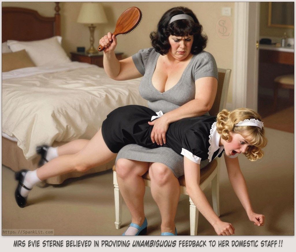 A stern lady is spanking her housemaid with a wooden hairbrush.