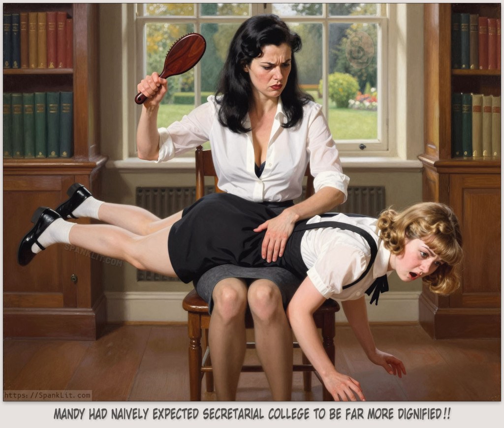 Stern headmistress style lady is spanking the bottom of a beautiful young woman.