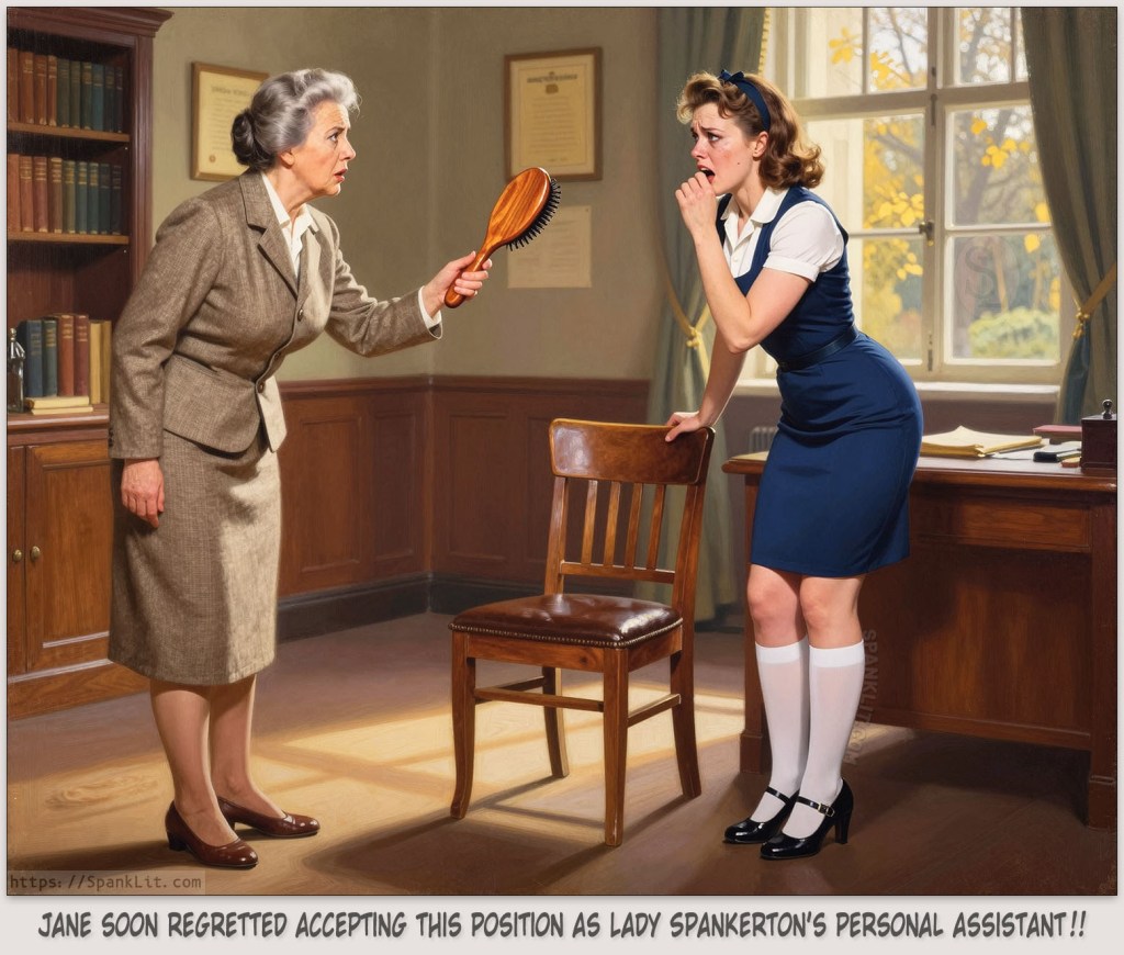 A stern lady is waving a hairbrush towards a beautiful young woman.