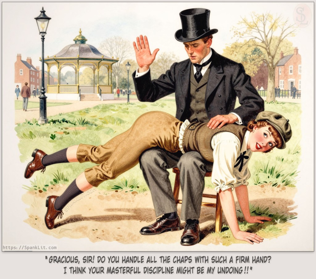 Beautiful young woman, disguised as a male servant, is getting her bottom soundly spanked by a posh gent in a top hat!