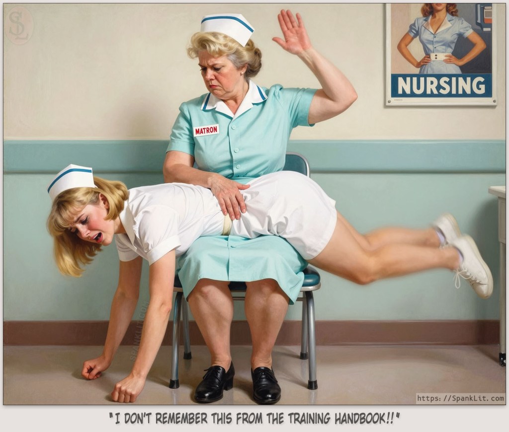 A junior nurse is being spanked across matron's lap.